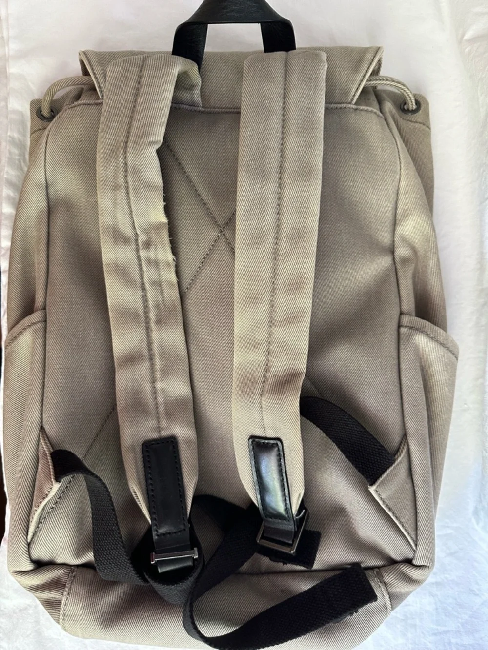 Everlane Modern Snap Canvas Backpack Tan Khaki Leather Trim Drawstring Laptop